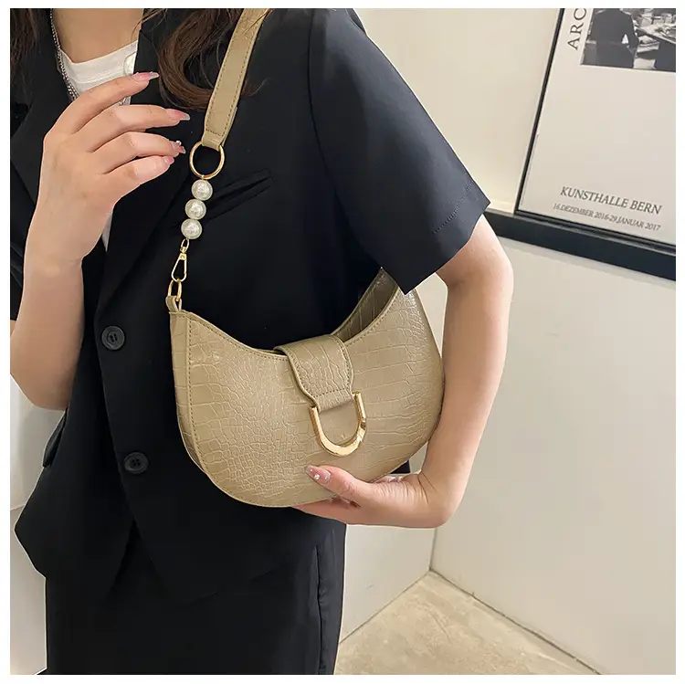 White Textured Crossbody Bag with Pearl Strap — feature 33