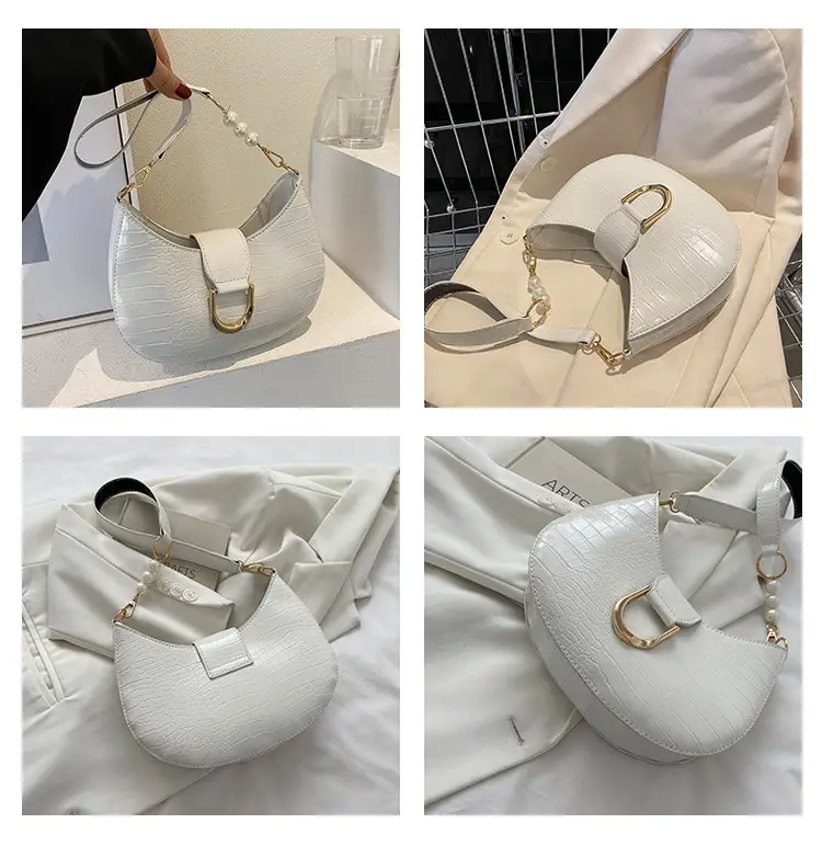 White Textured Crossbody Bag with Pearl Strap — feature 35