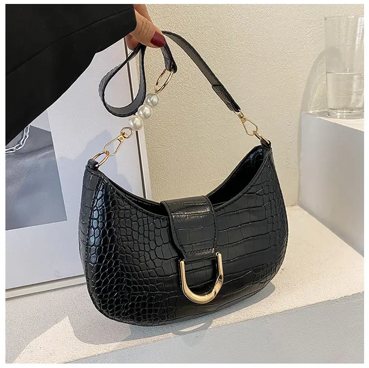 White Textured Crossbody Bag with Pearl Strap — feature 49