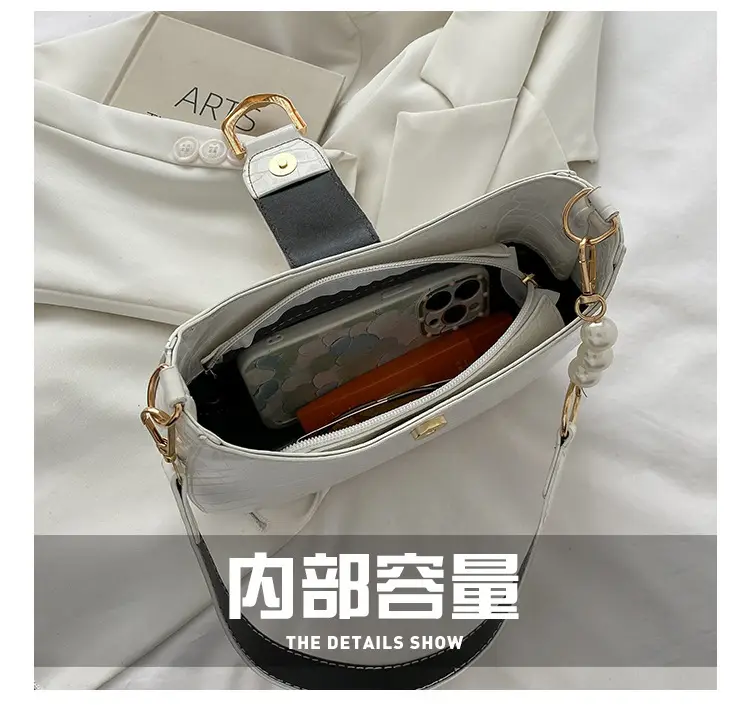 White Textured Crossbody Bag with Pearl Strap — feature 54