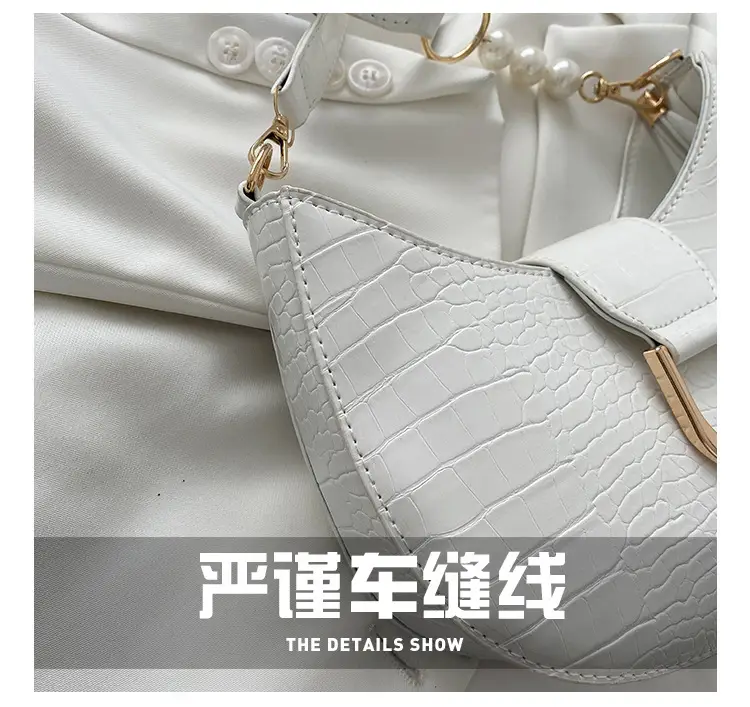 White Textured Crossbody Bag with Pearl Strap — feature 56