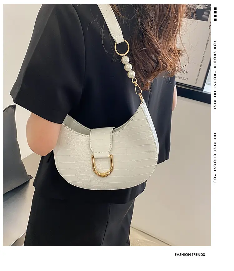 White Textured Crossbody Bag with Pearl Strap — feature 57