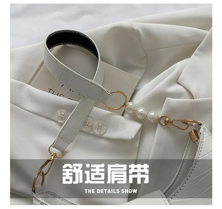 White Textured Crossbody Bag with Pearl Strap — feature 67