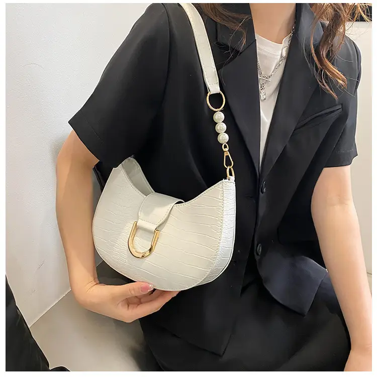 White Textured Crossbody Bag with Pearl Strap — feature 76