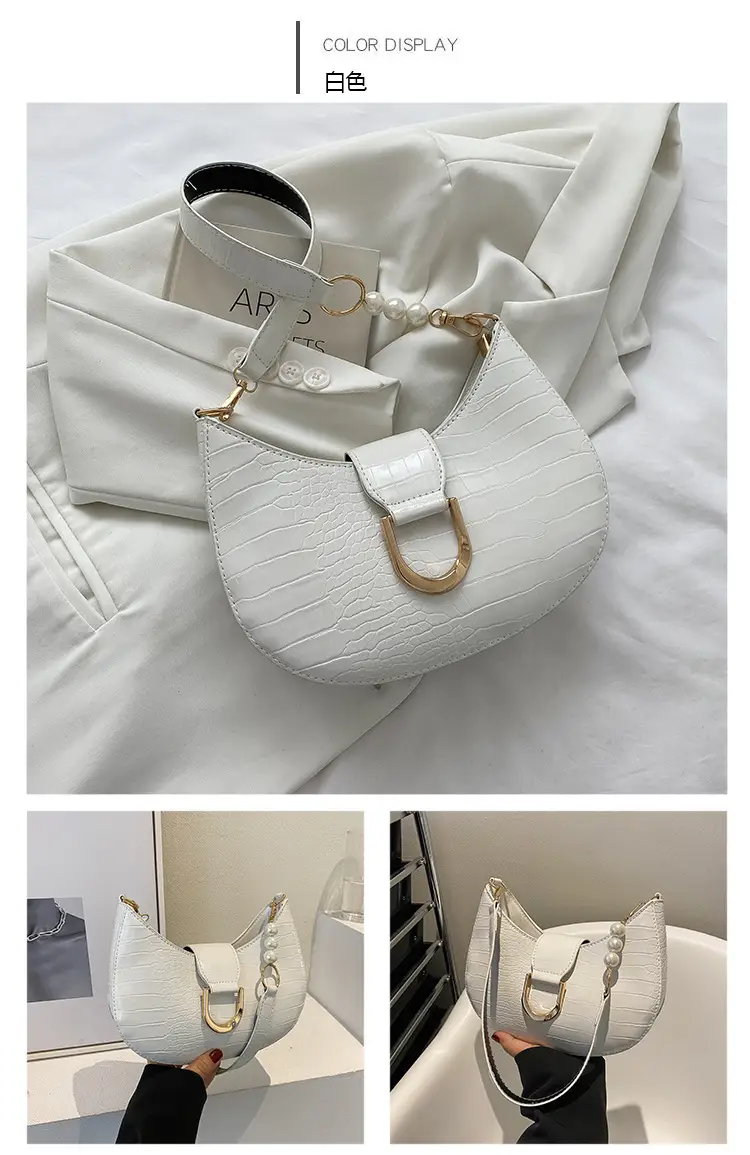 White Textured Crossbody Bag with Pearl Strap — feature 77
