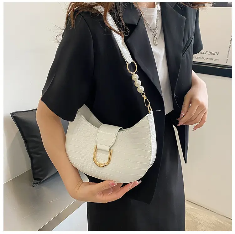 White Textured Crossbody Bag with Pearl Strap — feature 79