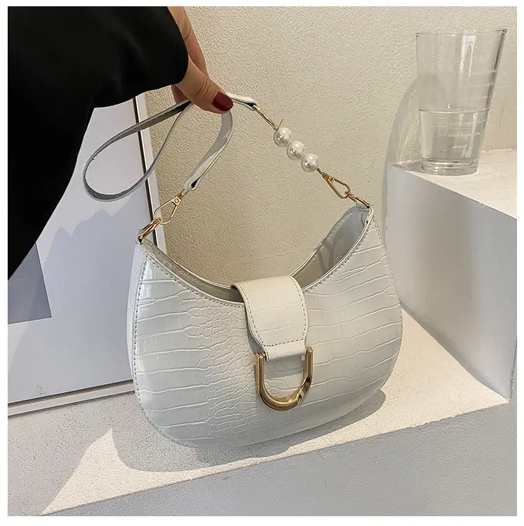 White Textured Crossbody Bag with Pearl Strap — feature 82
