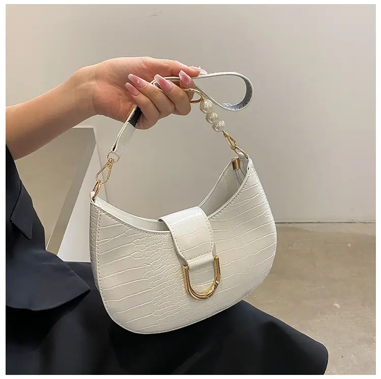 White Textured Crossbody Bag with Pearl Strap - Image 2
