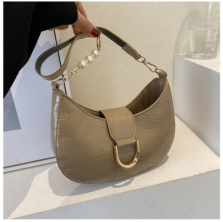 White Textured Crossbody Bag with Pearl Strap - Image 4