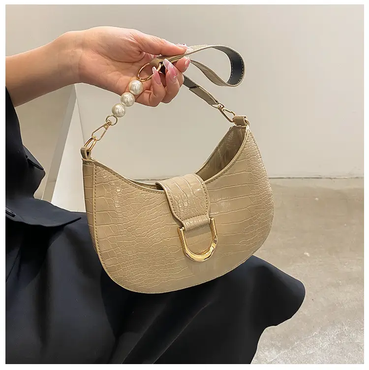 White Textured Crossbody Bag with Pearl Strap - Image 6