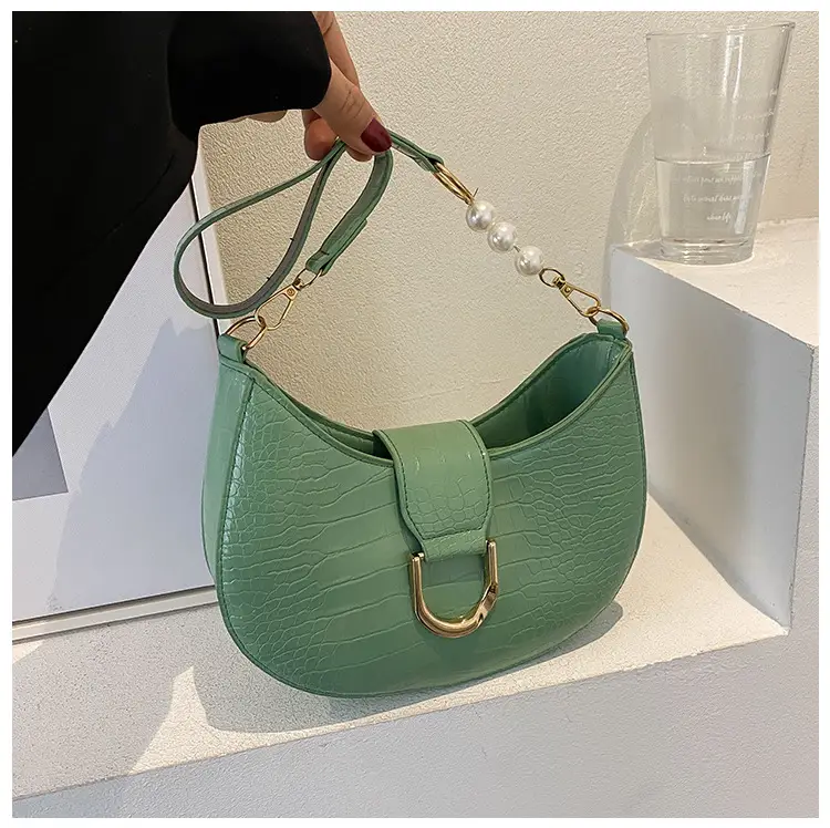 White Textured Crossbody Bag with Pearl Strap - Image 8