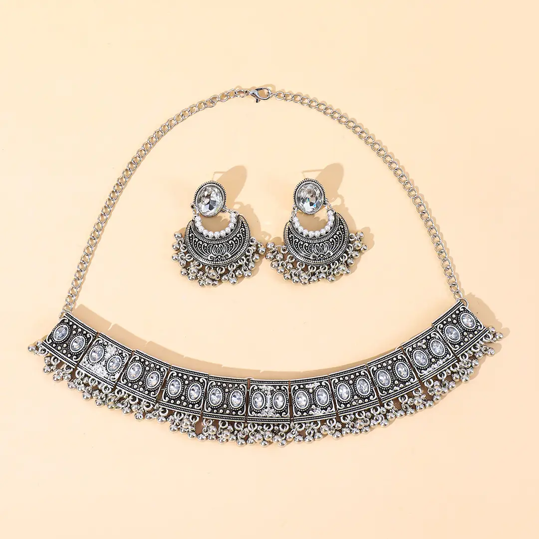 Cross-border Fashion European and American Ethnic Beads Bell Necklace Chain Simple Retro Bohemian Necklace Earrings Geometric suit