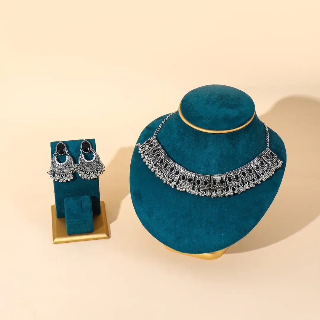 Cross-border Fashion European and American Ethnic Beads Bell Necklace Chain Simple Retro Bohemian Necklace Earrings Geometric suit