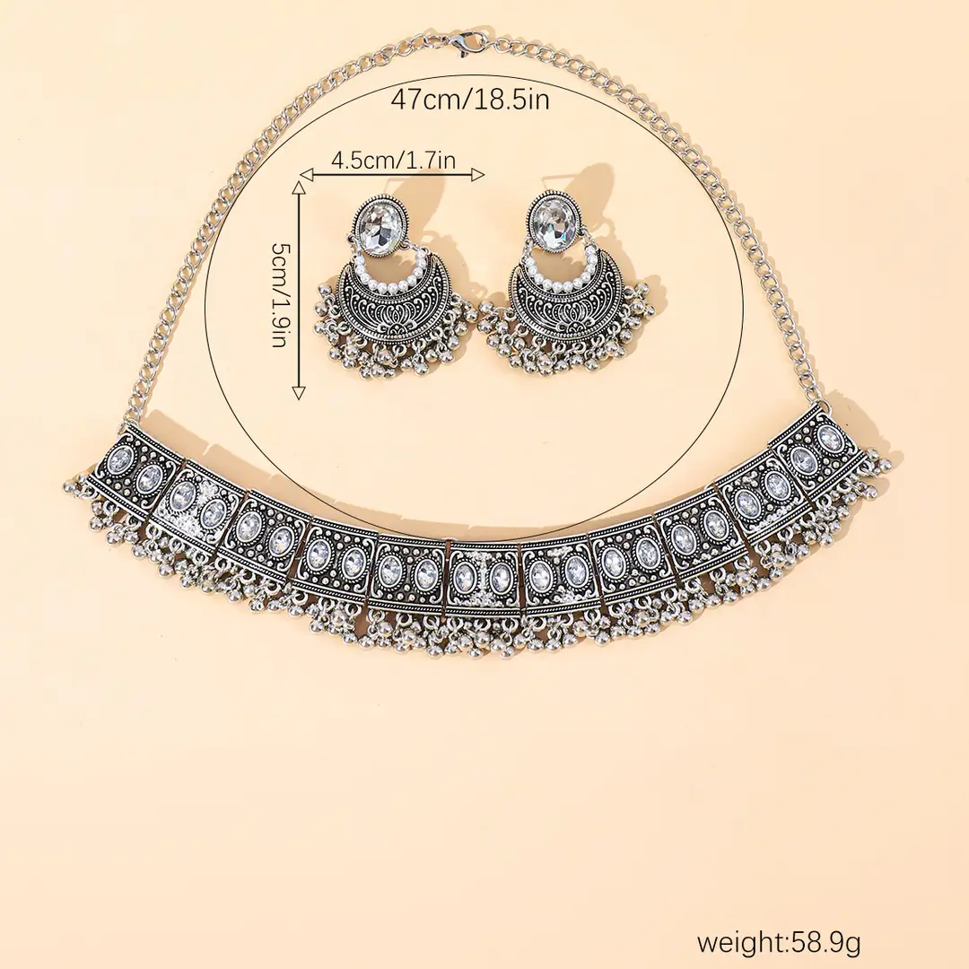 Cross-border Fashion European and American Ethnic Beads Bell Necklace Chain Simple Retro Bohemian Necklace Earrings Geometric suit — feature 1
