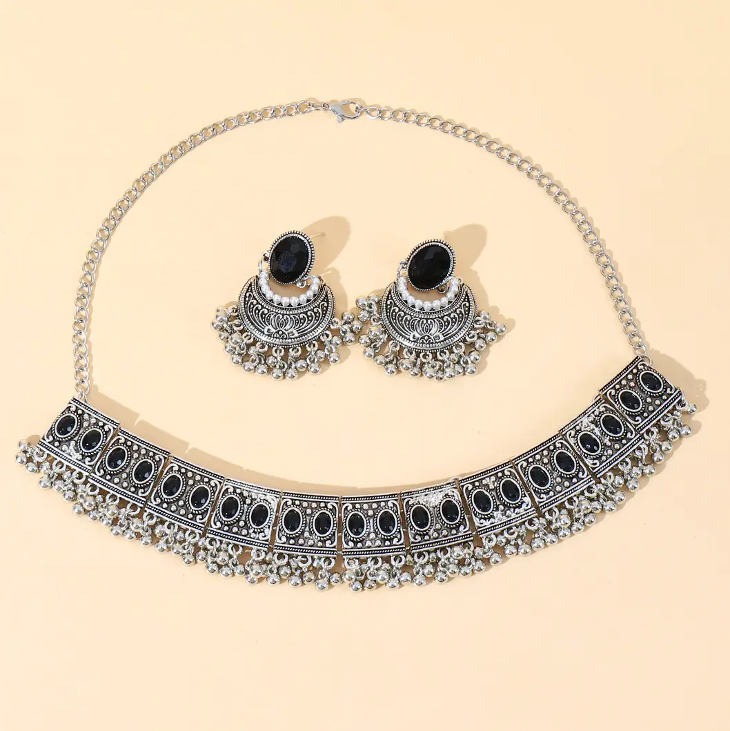 Cross-border Fashion European and American Ethnic Beads Bell Necklace Chain Simple Retro Bohemian Necklace Earrings Geometric suit