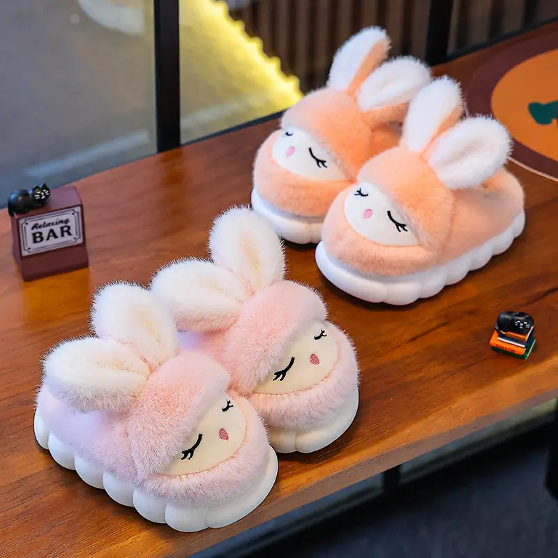 Winter Children's Cotton Slippers Cute Rabbit Warm fleece-lined Girl Parent-Child Home Non-Slip Platform Baby Cotton Shoes