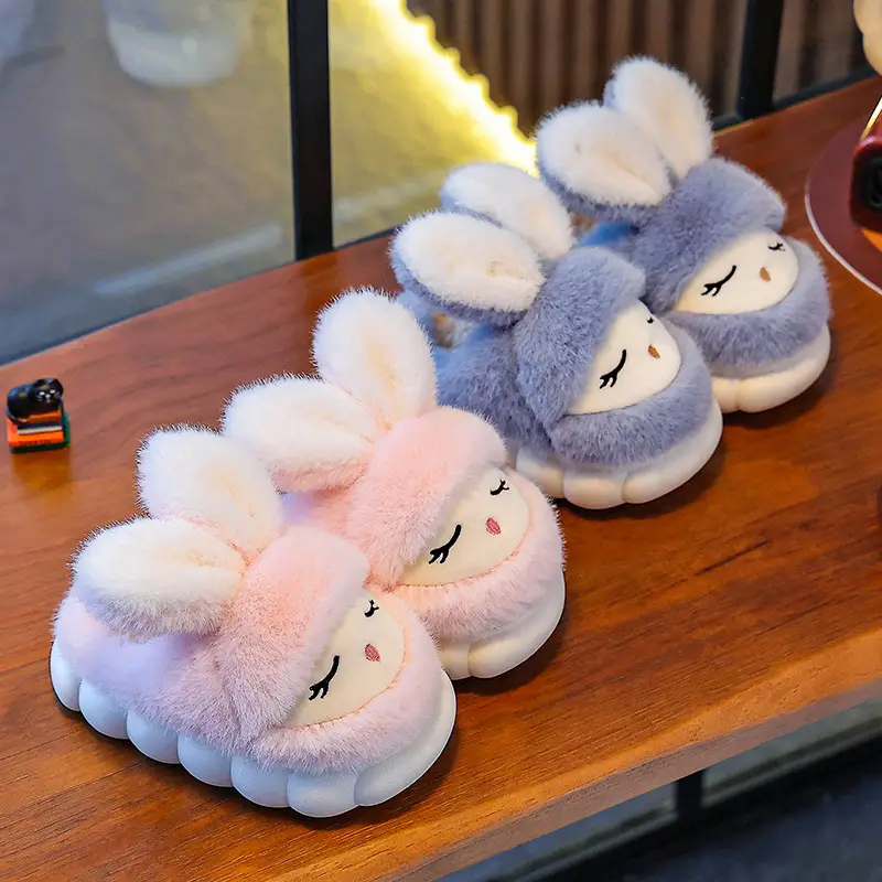 Winter Children's Cotton Slippers Cute Rabbit Warm fleece-lined Girl Parent-Child Home Non-Slip Platform Baby Cotton Shoes