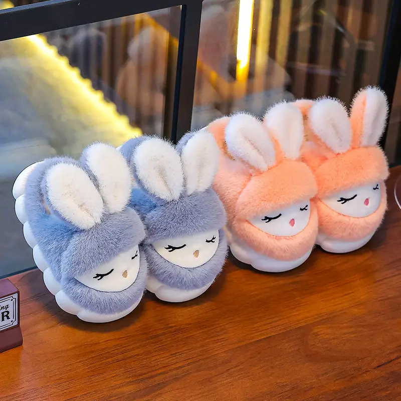Winter Children's Cotton Slippers Cute Rabbit Warm fleece-lined Girl Parent-Child Home Non-Slip Platform Baby Cotton Shoes