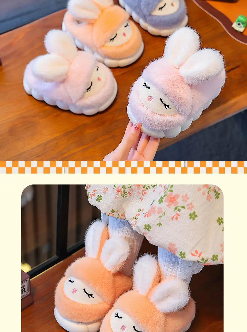 Winter Children's Cotton Slippers Cute Rabbit Warm fleece-lined Girl Parent-Child Home Non-Slip Platform Baby Cotton Shoes — feature 12