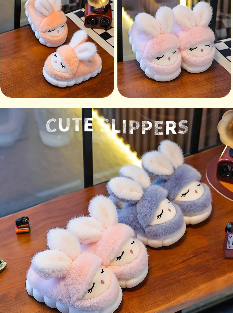 Winter Children's Cotton Slippers Cute Rabbit Warm fleece-lined Girl Parent-Child Home Non-Slip Platform Baby Cotton Shoes — feature 14