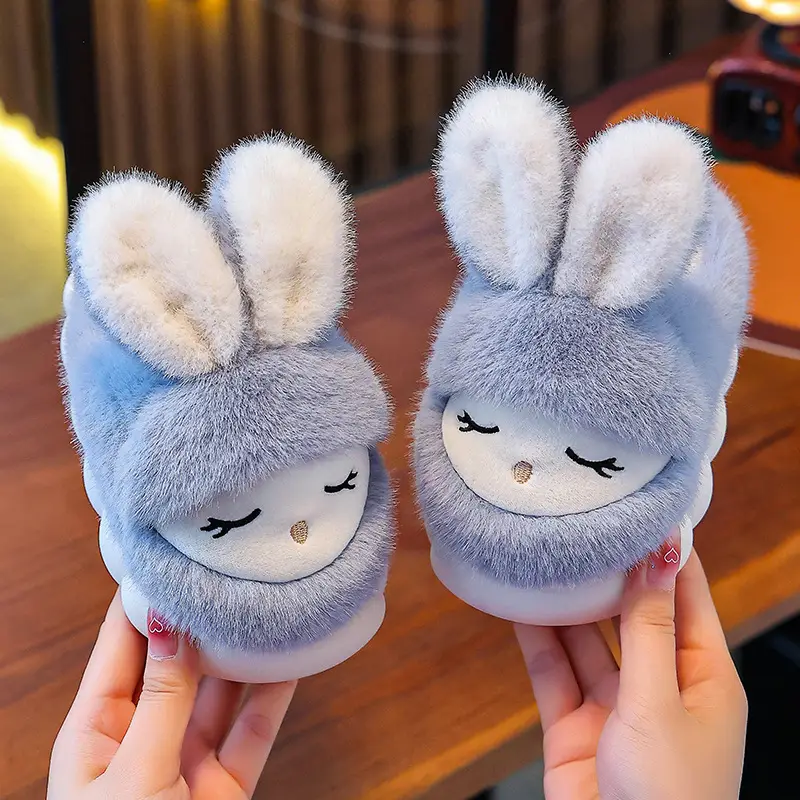 Winter Children's Cotton Slippers Cute Rabbit Warm fleece-lined Girl Parent-Child Home Non-Slip Platform Baby Cotton Shoes