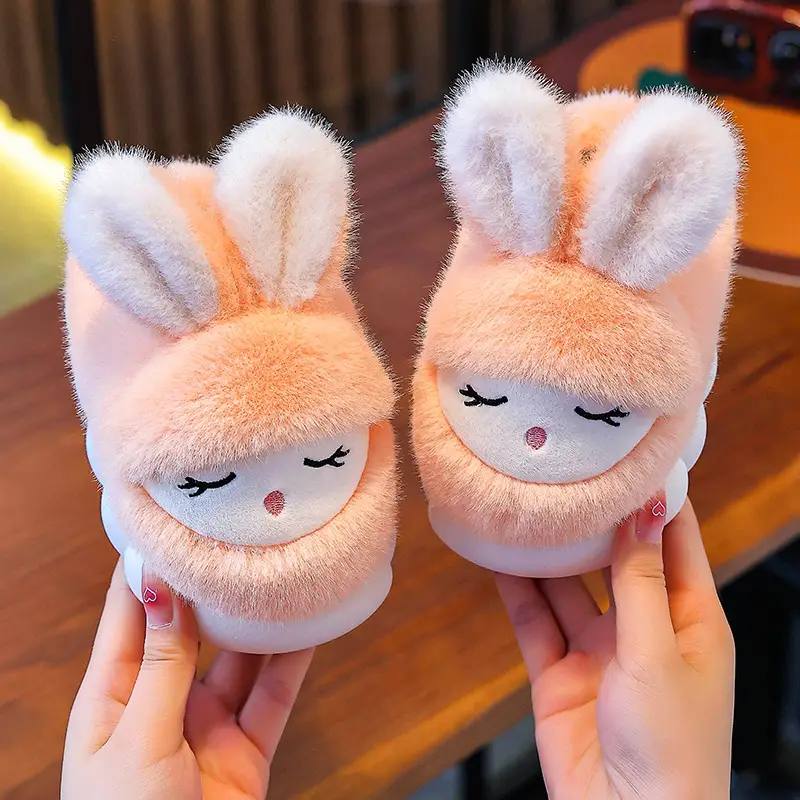 Winter Children's Cotton Slippers Cute Rabbit Warm fleece-lined Girl Parent-Child Home Non-Slip Platform Baby Cotton Shoes