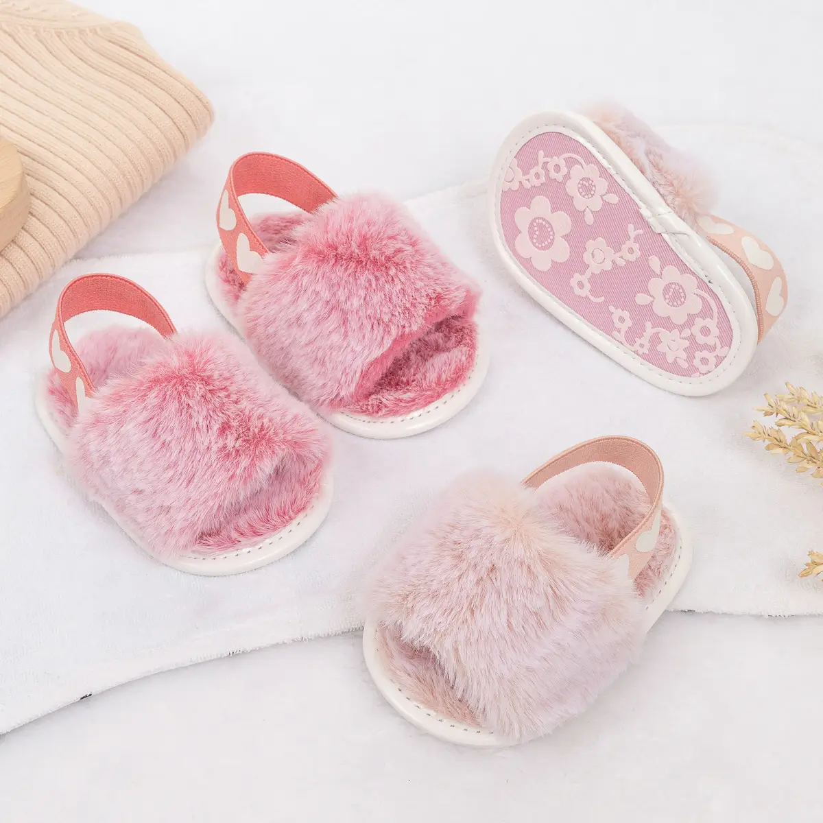 Pink Furry Toddler Slippers 0-1 Year Old — feature 5