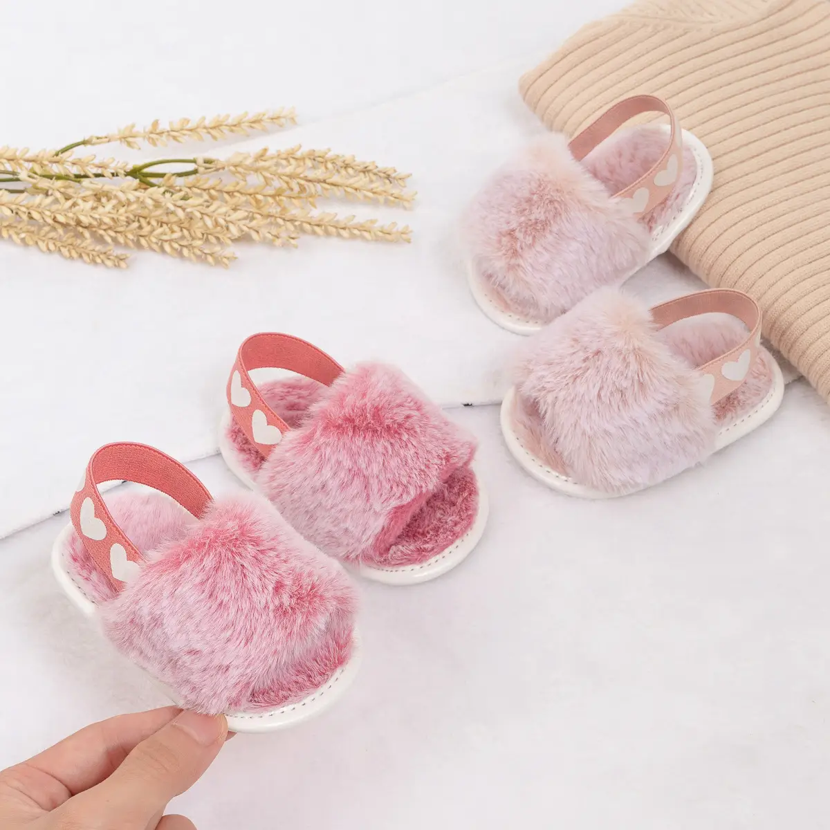 Pink Furry Toddler Slippers 0-1 Year Old — feature 7