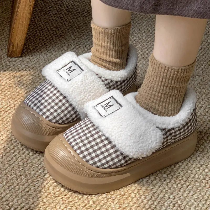 New Style Cotton Slippers for Women, Autumn and Winter Warm Retro Plaid Indoor Home Thick-Soled Plush Outerwear Cotton Shoes - Image 4