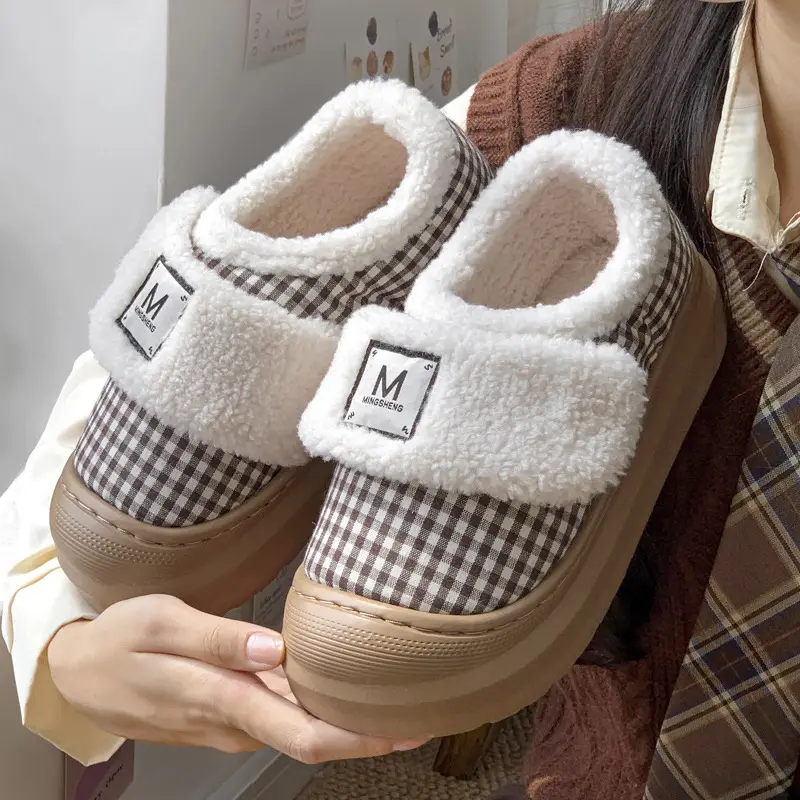 New Style Cotton Slippers for Women, Autumn and Winter Warm Retro Plaid Indoor Home Thick-Soled Plush Outerwear Cotton Shoes - Image 5