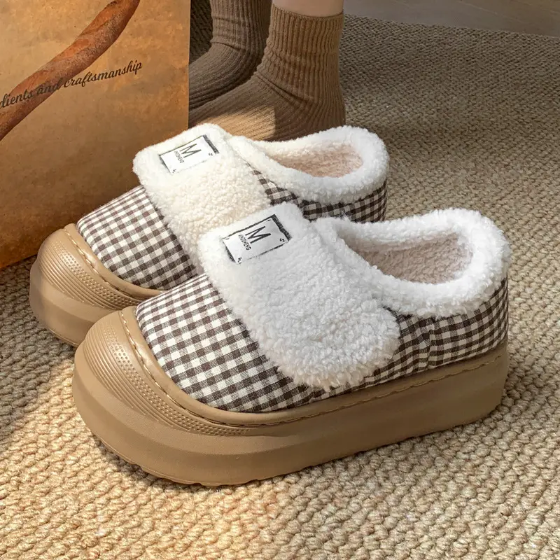 New Style Cotton Slippers for Women, Autumn and Winter Warm Retro Plaid Indoor Home Thick-Soled Plush Outerwear Cotton Shoes - Image 2