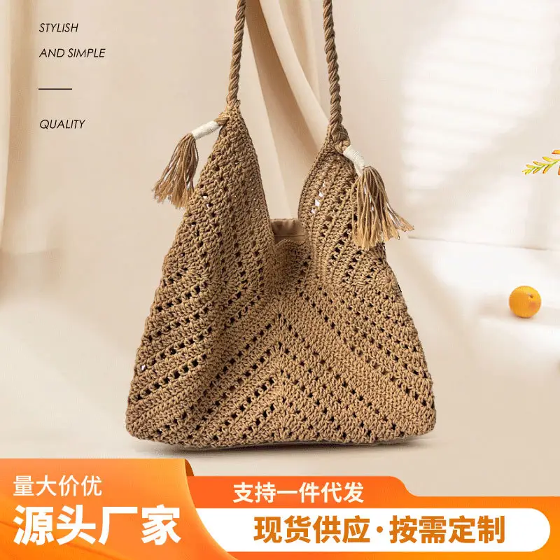 Factory Wholesale Crochet Handbag Beige Hollow Art Style - Image 3