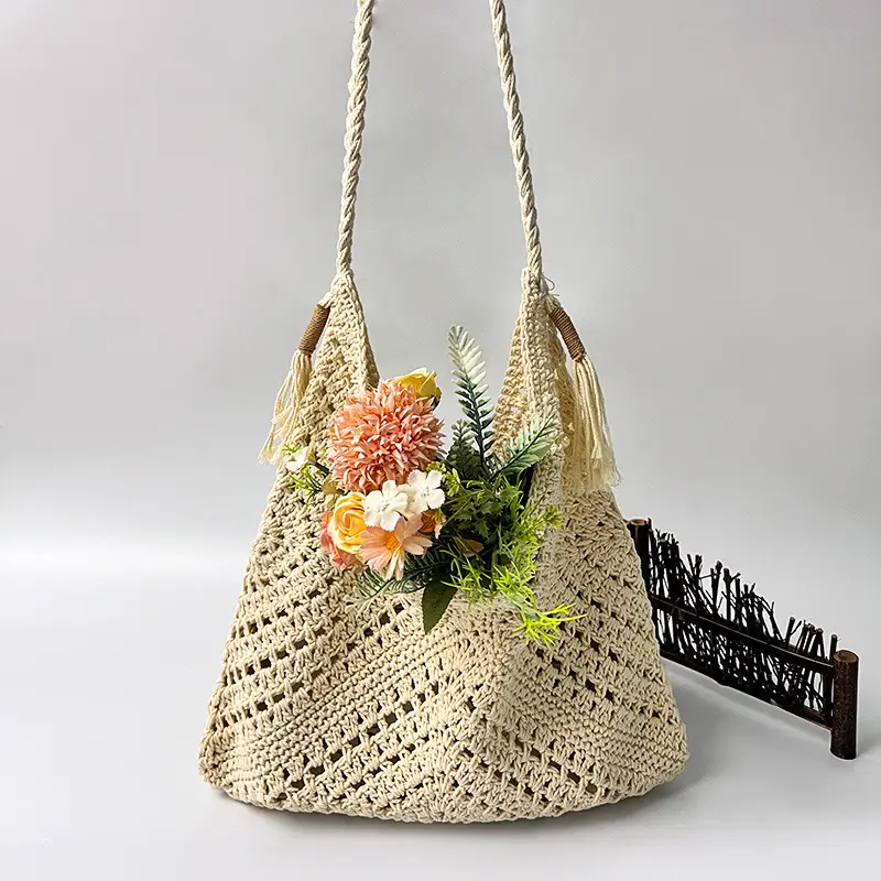 Factory Wholesale Crochet Handbag Beige Hollow Art Style - Image 5