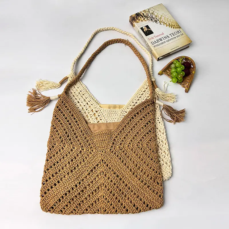 Factory Wholesale Crochet Handbag Beige Hollow Art Style - Image 6