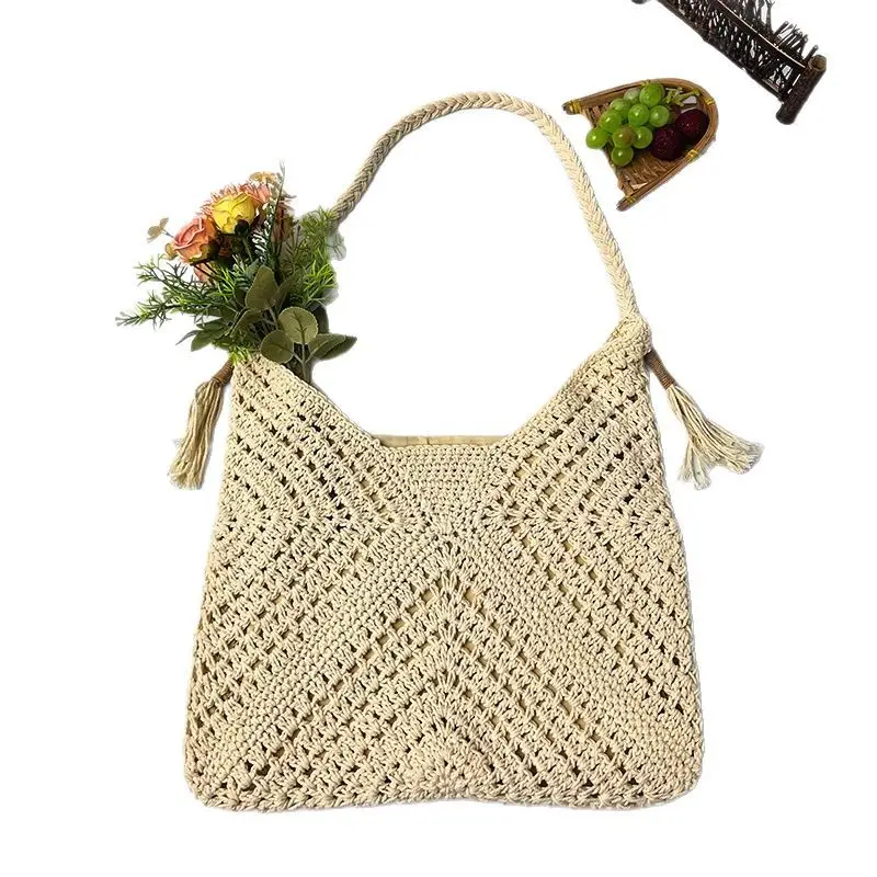 Factory Wholesale Crochet Handbag Beige Hollow Art Style - Image 7