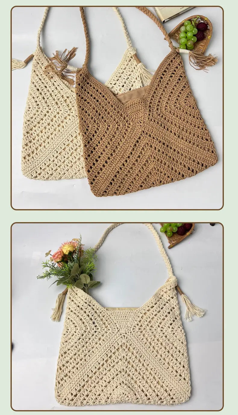 Factory Wholesale Crochet Handbag Beige Hollow Art Style — feature 10