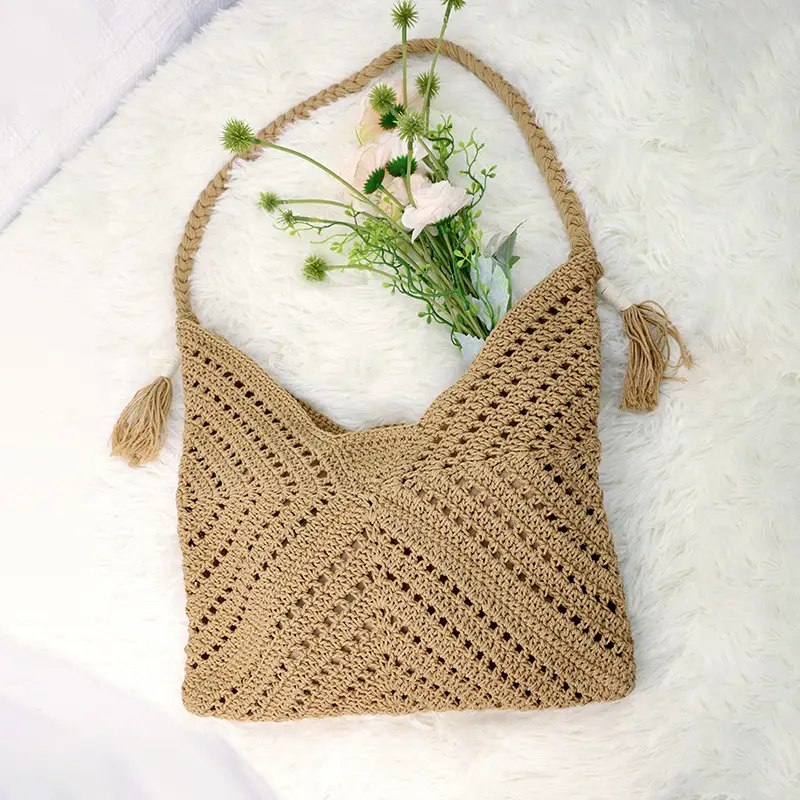 Factory Wholesale Crochet Handbag Beige Hollow Art Style - Image 2