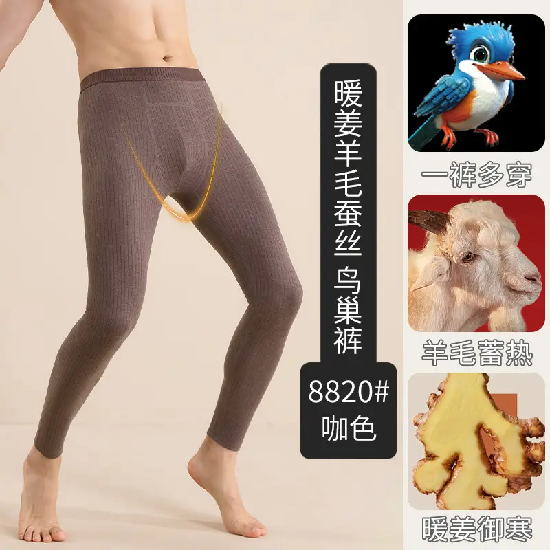 Wool and Silk Thickened Autumn Pants for Men, High-Waisted Bird's Nest Leggings, Fleece-Lined Pants, No Need to Wear Underwear, High-Elasticity Thermal Pants