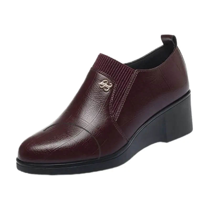 Soft Leather Women's Single-layer Shoes Non-slip Soft Sole Spring and Autumn New Arrival Wedge Women's Shoes with Stylish Leather Shoes for Middle-aged Moms