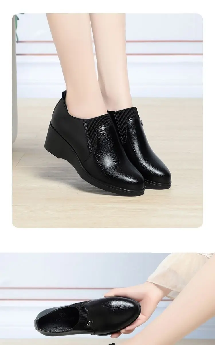 Soft Leather Women's Single-layer Shoes Non-slip Soft Sole Spring and Autumn New Arrival Wedge Women's Shoes with Stylish Leather Shoes for Middle-aged Moms — feature 10