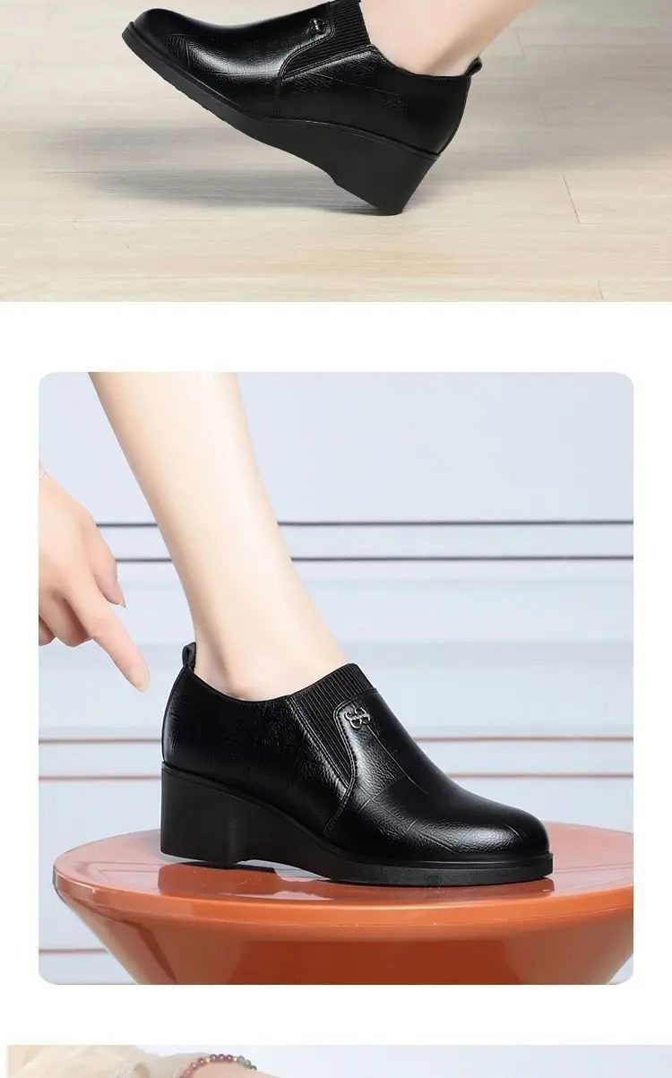 Soft Leather Women's Single-layer Shoes Non-slip Soft Sole Spring and Autumn New Arrival Wedge Women's Shoes with Stylish Leather Shoes for Middle-aged Moms — feature 11