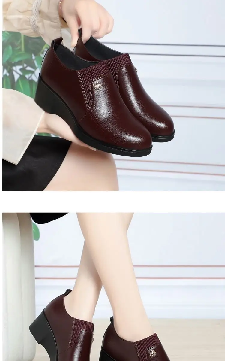 Soft Leather Women's Single-layer Shoes Non-slip Soft Sole Spring and Autumn New Arrival Wedge Women's Shoes with Stylish Leather Shoes for Middle-aged Moms — feature 12