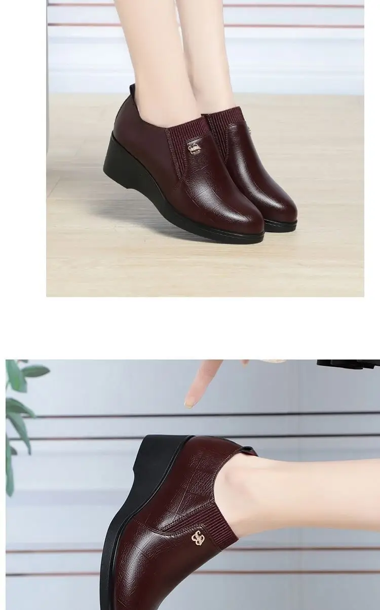 Soft Leather Women's Single-layer Shoes Non-slip Soft Sole Spring and Autumn New Arrival Wedge Women's Shoes with Stylish Leather Shoes for Middle-aged Moms — feature 14