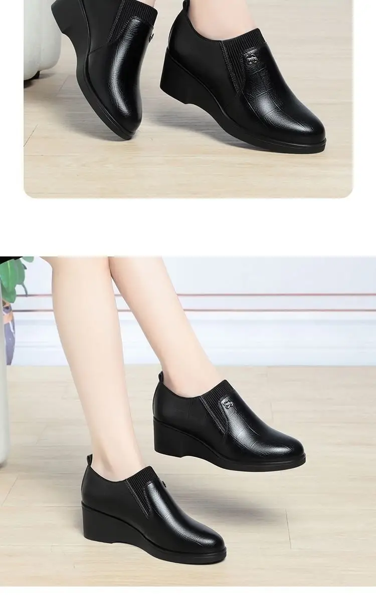 Soft Leather Women's Single-layer Shoes Non-slip Soft Sole Spring and Autumn New Arrival Wedge Women's Shoes with Stylish Leather Shoes for Middle-aged Moms — feature 9