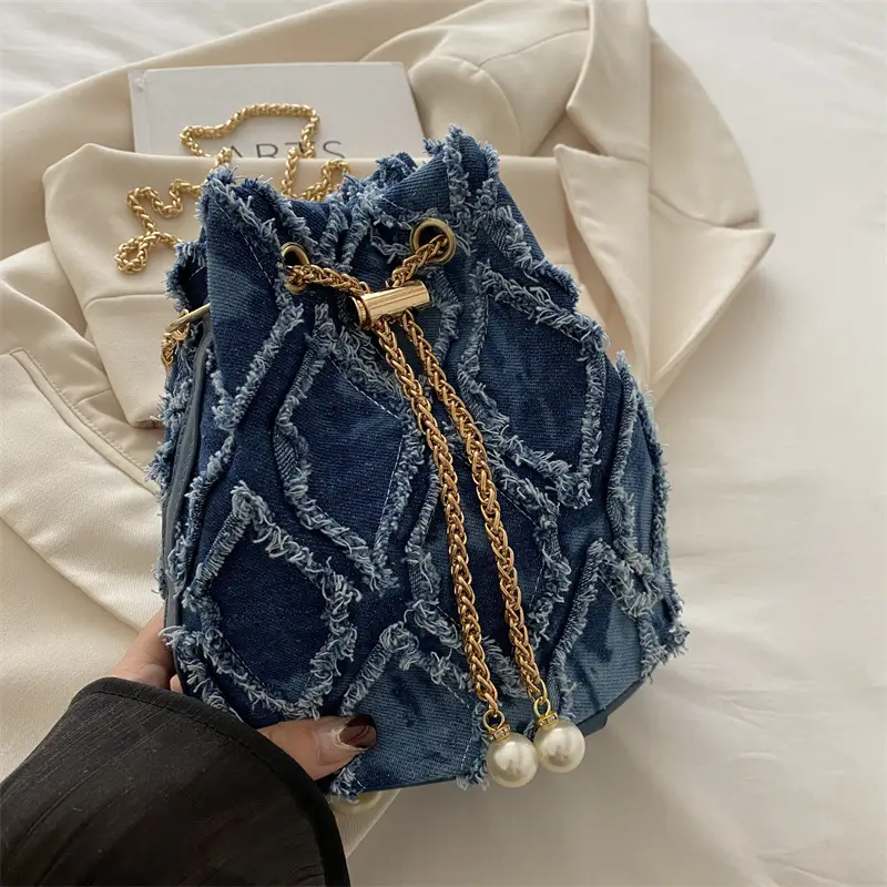 Black Drawstring Fringed Bucket Bag for Women