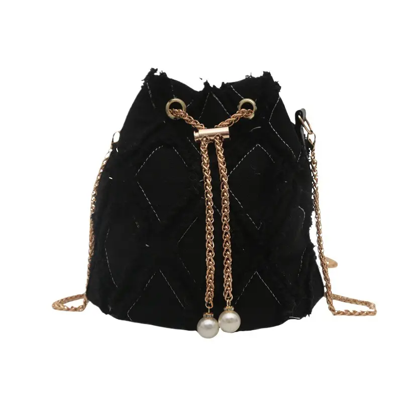 Black Drawstring Fringed Bucket Bag for Women