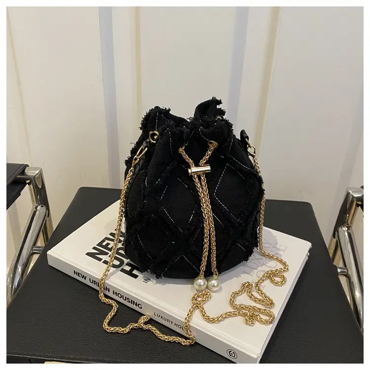Black Drawstring Fringed Bucket Bag for Women — feature 10