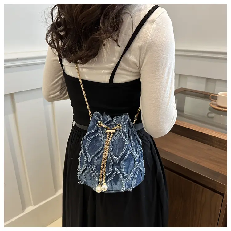Black Drawstring Fringed Bucket Bag for Women — feature 16