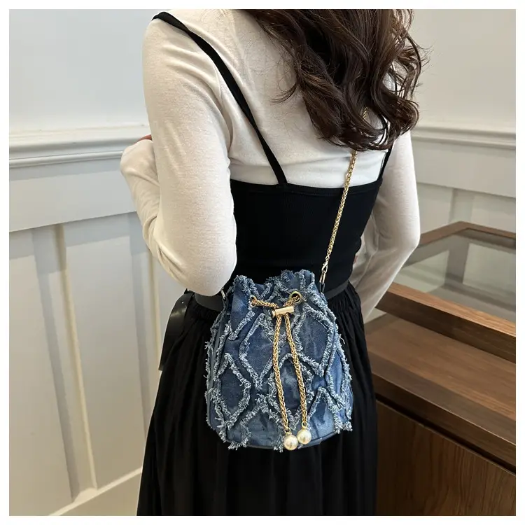 Black Drawstring Fringed Bucket Bag for Women — feature 18