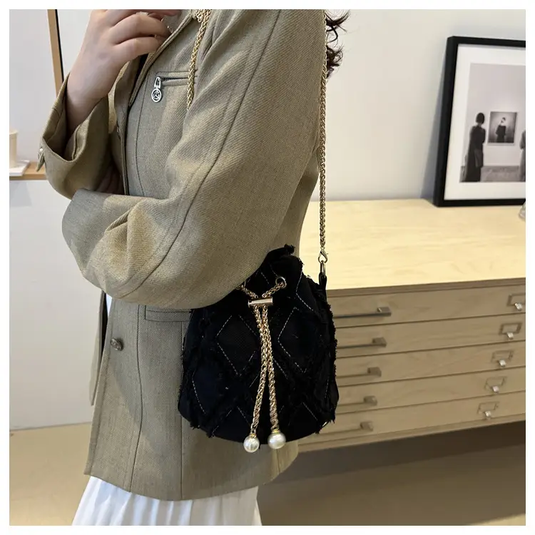 Black Drawstring Fringed Bucket Bag for Women — feature 19
